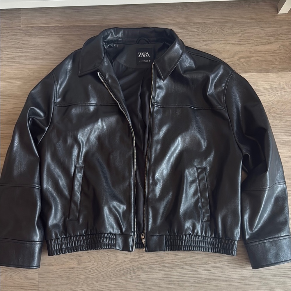 Zara Black Faux Leather Bomber Jacket